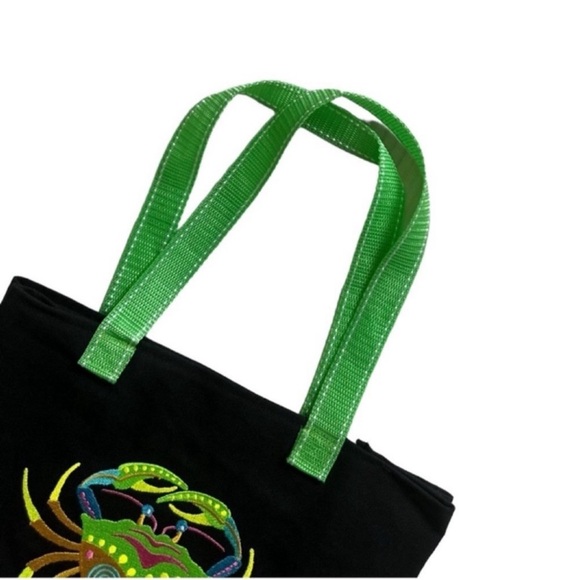 NEW Black Embroidered Crab Canvas Tote Bag - Picture 3 of 5